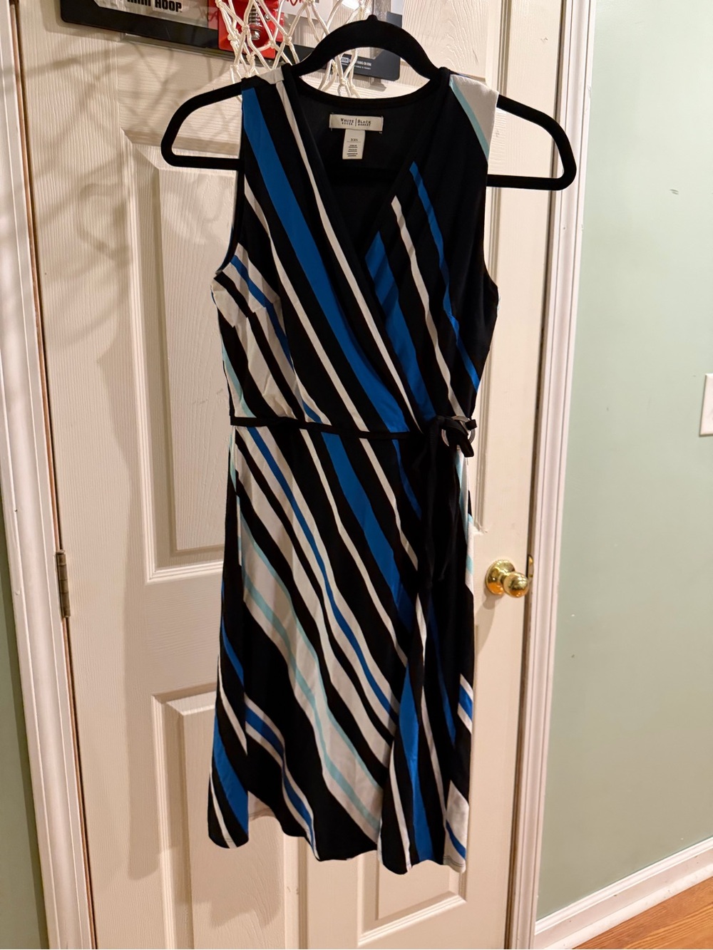 Sleeveless Striped Wrap Dress in Blue, Black & White